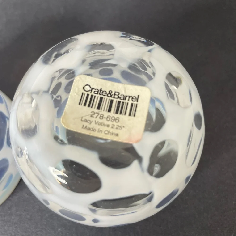 Pair of Crate & Barrel Art Glass Moonstone Lacy Votive Candle Holders 2 1/4